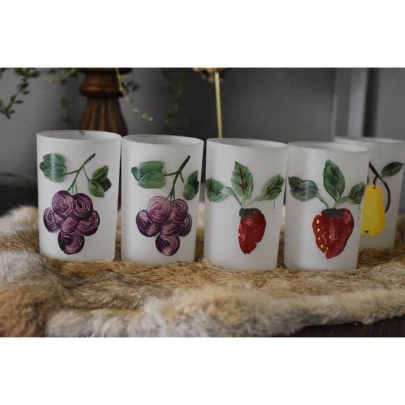 Federal Eight (8) Frosted Fruit Juice Glasses handpainted apple grape strawberry - Picture 5 of 8